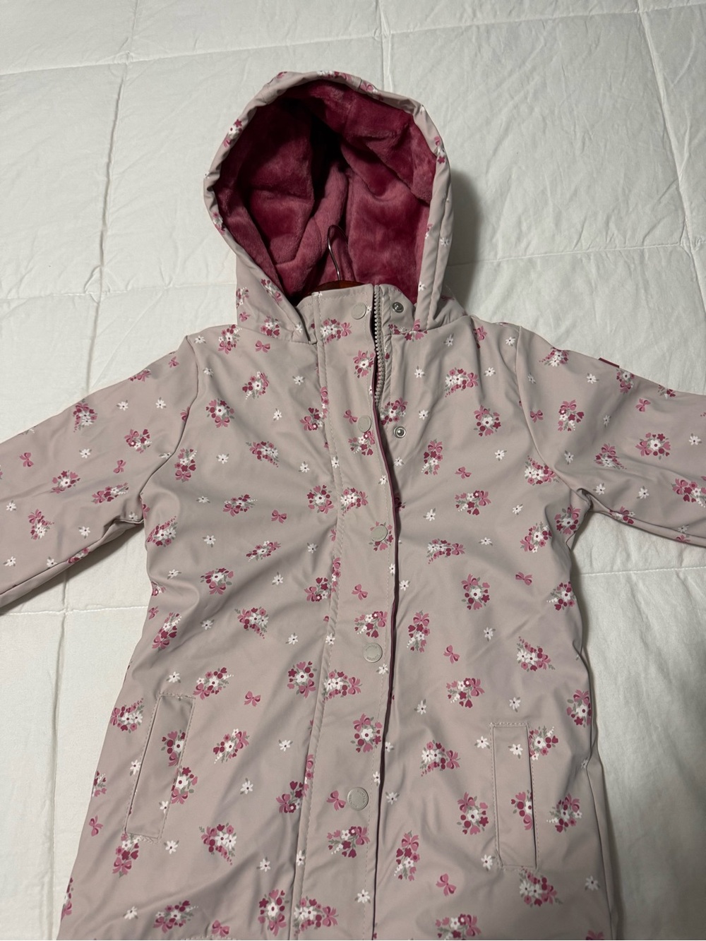 Hunter NWT Girls Gray/Pink Floral Printed Fleece-Lined Rain Jacket